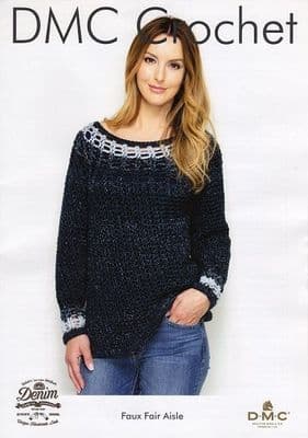 DMC Natura Denim Faux Fair Aisle Sweater Crochet Pattern REDUCED