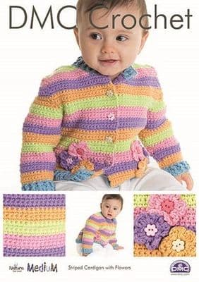 DMC Natura MEDIUM Striped Cardigan Flowers Crochet Pattern 15348