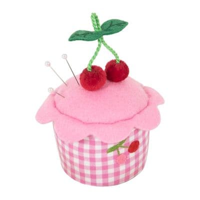 Embroidered Cherries Pink Gingham Cupcake Pincushion