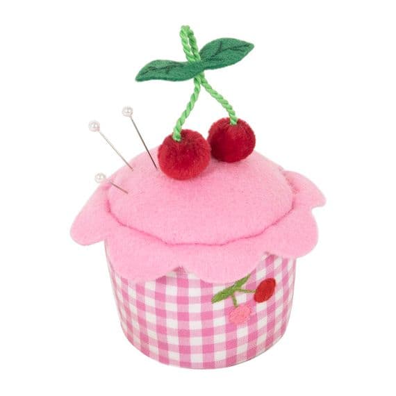 Embroidered Cherries Pink Gingham Cupcake Pincushion