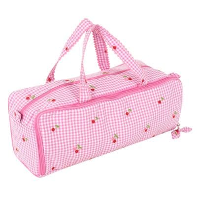 Embroidered Cherries Pink Gingham Knitting Project Bag with Pin Storage
