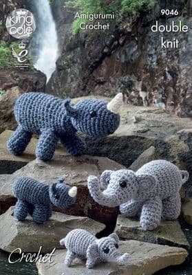 King Cole Amigurumi Elephants Rhinos Crochet Pattern 9046