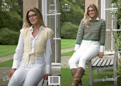 King Cole Aran Tie Front Top Sweater Crochet Pattern 3475