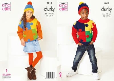 King Cole BV Chunky 6018 Kids Sweaters Hats Knitting Pattern