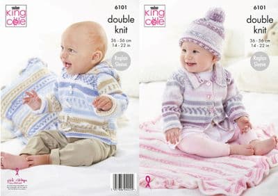 King Cole Cherish DK 6101 Jacket Hat Blanket Cushion Knitting Pattern
