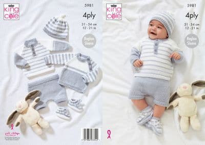 King Cole Cherished 4ply Knitting Pattern 5981 Sweaters Pants Hat Bootees
