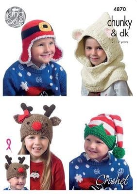 King Cole Christmas Novelty Hats Crochet Pattern 4870