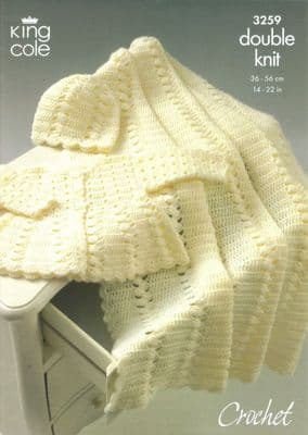 King Cole DK Baby Coat Shawl Hat Crochet Pattern 3259