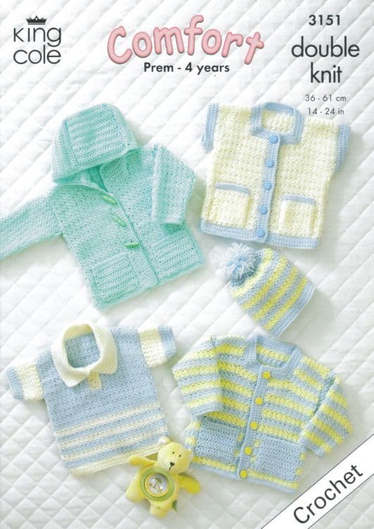 King Cole DK Baby Jackets Waistcoat Hat Crochet Pattern 3151