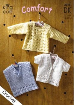 King Cole DK Baby Sweater Slipover Cardigan Crochet Pattern 3015