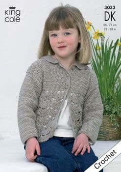 King Cole DK Childs Cardigan Sweater Crochet Pattern 3033