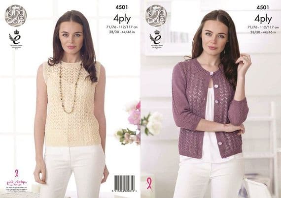 King Cole Giza 4ply Lacy Cardigan Top Knitting Pattern 4501