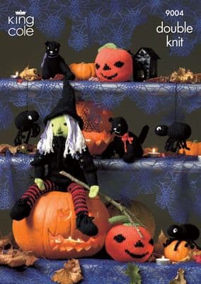 King Cole Halloween Knitting Pattern 9004 Witch Cat Spider Pumpkin