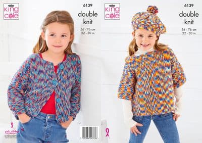 King Cole Jitterbug DK 6139 Girls Top Cardigan Beret Knitting Pattern