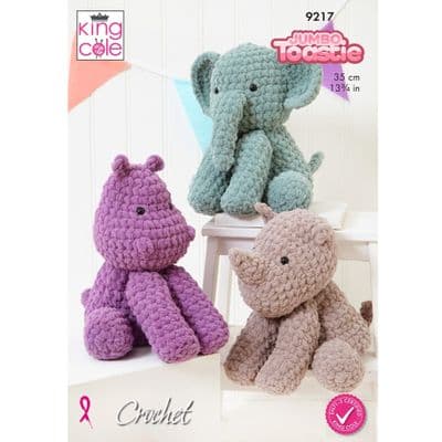 King Cole Jumbo Toastie Elephant Hippo Rhino 9217 Toys Crochet Pattern