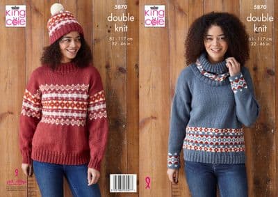 King Cole Merino DK Knitting Pattern 5870 Sweater Hat Cowl