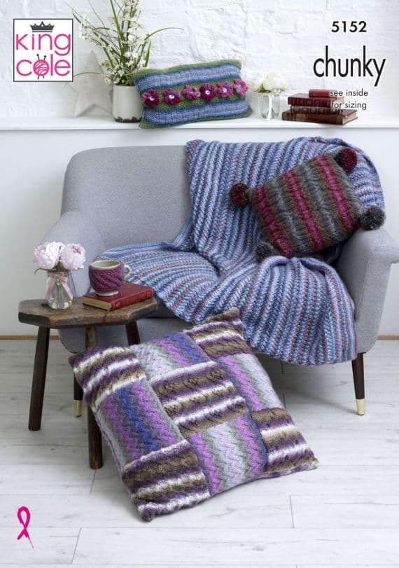 King Cole Riot Chunky 5152 Throw Cushions Knitting Pattern