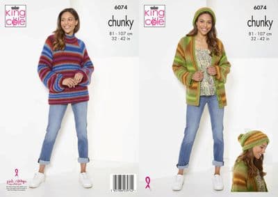 King Cole Riot Chunky 6074 Sweater Cardigan Hat Knitting Pattern
