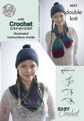 King Cole Riot DK Scarf Hat Cowl Crochet step-by-step Pattern 5057