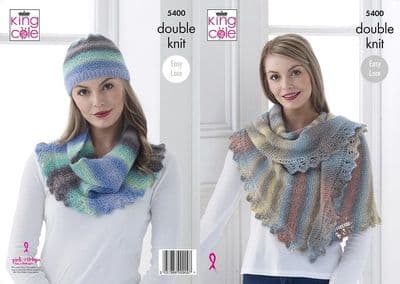 King Cole Riot DK Shawl Cowl Hat Knitting Pattern 5400