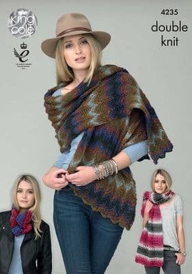 King Cole Riot DK Shawls and Snood Knitting Pattern 4235