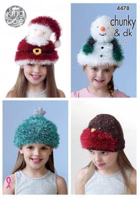 King Cole TINSEL Christmas Novelty Hats Kids Knitting Pattern 4478
