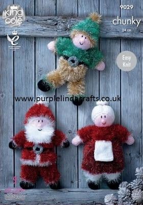 King Cole Tinsel Christmas Toys Knitting Pattern 9029 Santa, Elf, Mrs Claus