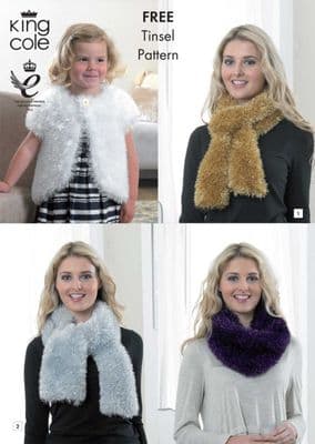 King Cole Tinsel Chunky Knitting Pattern Scarves, Snood, Bolero