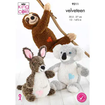 King Cole Velveteen 9211 Koala Bear Sloth Kangaroo Fluffy Friends Toy Knitting Pattern