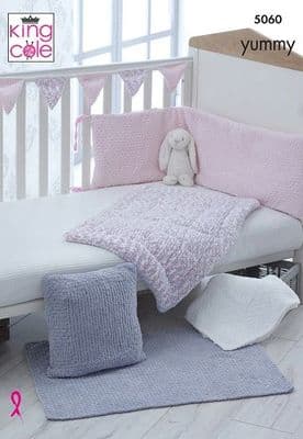 King Cole Yummy Cot Bumper Blankets Cushion & Bunting Knitting Pattern 5060