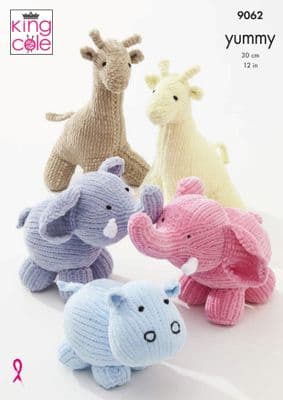 King Cole Yummy Giraffe Hippo Elephant Toys Knitting Pattern 9062