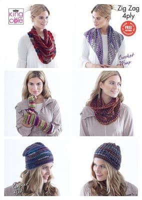 King Cole Zig Zag 4ply Accessories Knitting Crochet Pattern FREE