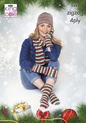 King Cole Zig Zag Hat Scarf Fingerless Gloves Socks Christmas Knitting Pattern 5545