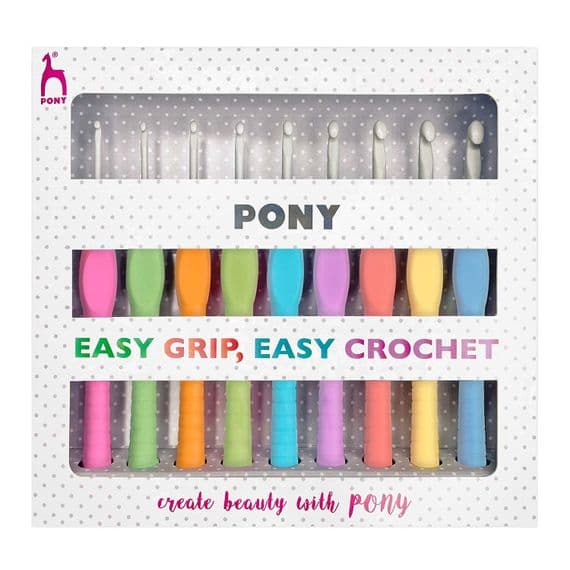 Pony Easy Grip Colourful Crochet Hooks – 9 Set Flat Grip