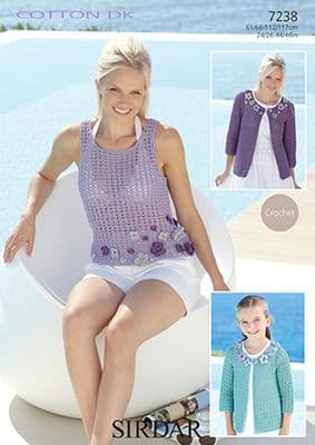 Sirdar Cotton DK Flower Trim Cardigan and Vest Crochet Pattern 7238
