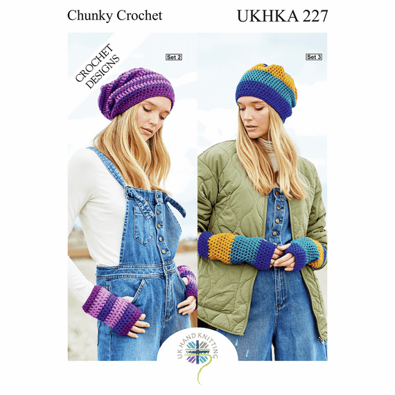 UKHKA Beanie Hat & Fingerless Mitts Chunky Crochet Pattern 227