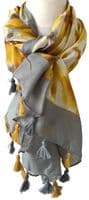 Abstract Floral Pattern Scarf in Yellow and Grey with Tassel Trim