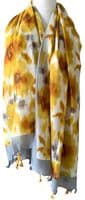 Abstract Floral Pattern Scarf in Yellow and Grey with Tassel Trim