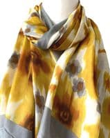 Abstract Floral Pattern Scarf in Yellow and Grey with Tassel Trim