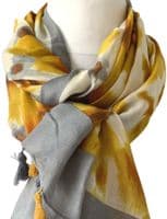 Abstract Floral Pattern Scarf in Yellow and Grey with Tassel Trim