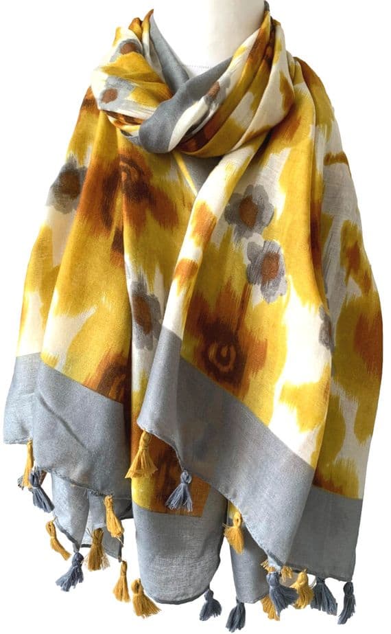 Abstract Floral Pattern Scarf in Yellow and Grey with Tassel Trim