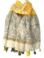 Abstract Print Scarf Women's Yellow and Grey Tassels Trim Oversized Scarf