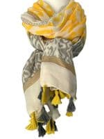 Abstract Print Scarf Women's Yellow and Grey Tassels Trim Oversized Scarf