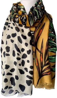 Animal Print Scarf Leaves Pattern in Burnt orange Green Mustard Yellow