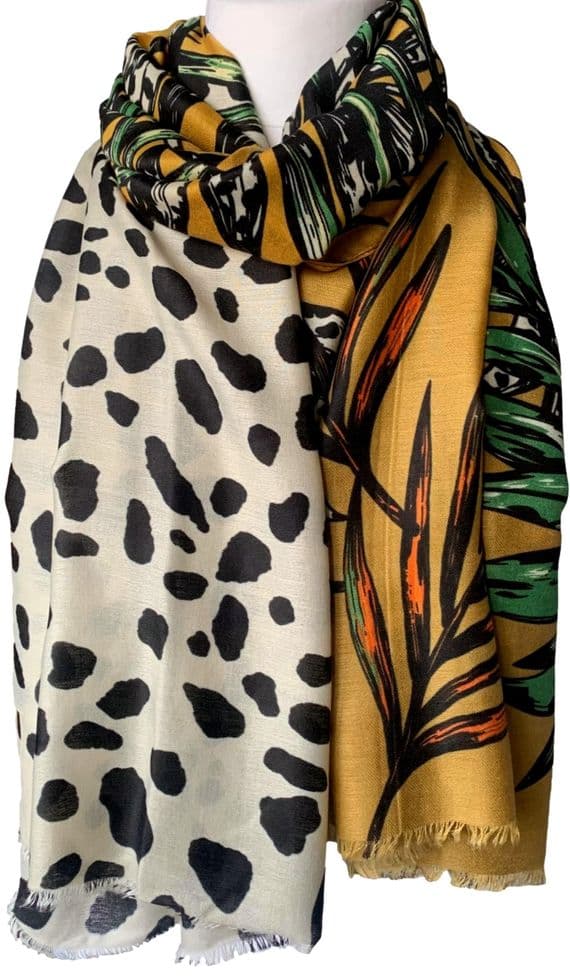 Animal Print Scarf Leaves Pattern in Burnt orange Green Mustard Yellow