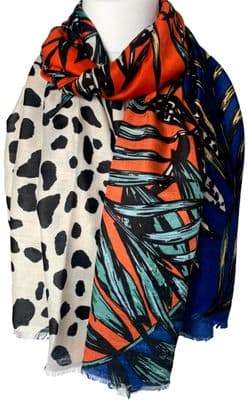 Animal Print Scarf with a Leaf Pattern in Burnt orange Green and Royal Blue