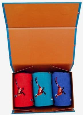 Bamboo Socks Gift Box for Men 3 Pair with a Pheasant Pattern in Teal Red and Purple