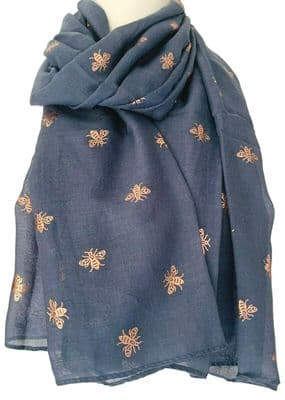 Bee Scarf in Blue with Rose Gold Foil Style Bumble Bees