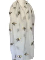 Bee Scarf in White with Gold Sparkly Bumble Bees Lightweight Cotton Blend