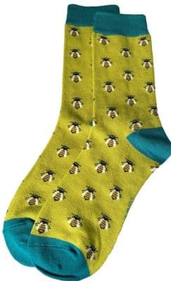 Bee Socks Bumble Bees Pattern in Lime Green Women's UK Size 4 - 7